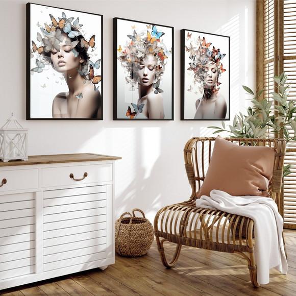 Quadros Decorativos Borboleta Mulher Flores Sala Hall Vidro