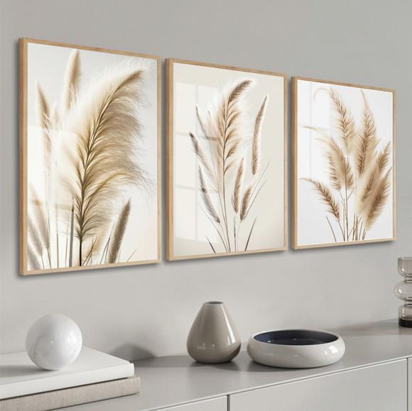 Quadros Decorativos Capim dos Pampas Bege Boho Moldura Vidro