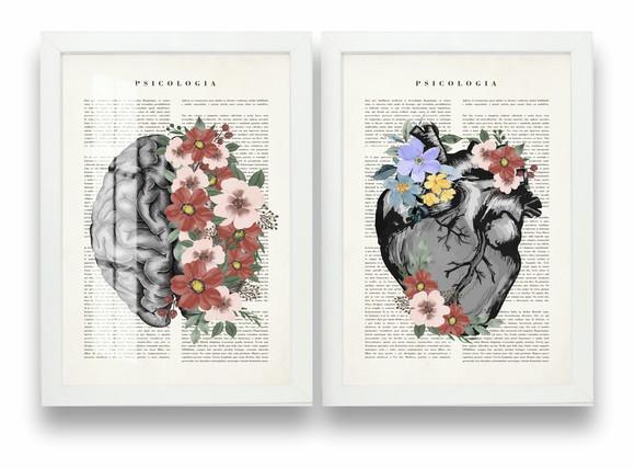 Quadros Decorativos Cérebro Coração Medicina Moldura e Vidro