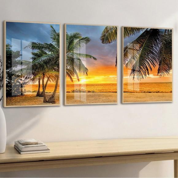 Quadros Decorativos Coqueiro Pôr do Sol Mar Moldura e Vidro