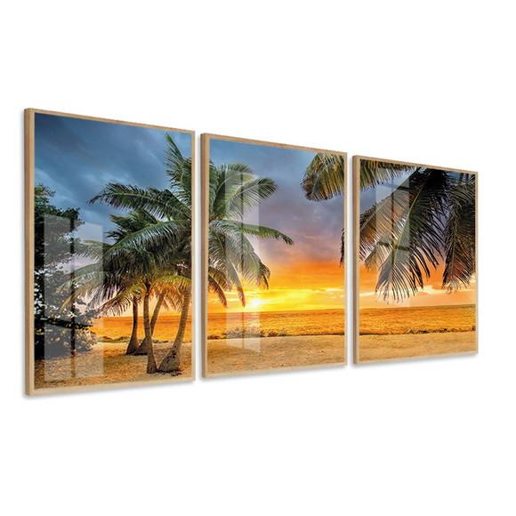 Quadros Decorativos Coqueiro Pôr do Sol Mar Moldura e Vidro