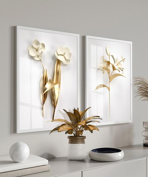 Quadros Decorativos De Vidro Com Moldura Flores Douradas