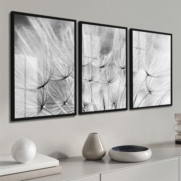 Quadros Decorativos Dente de Leão Preto Branco Moldura Vidro