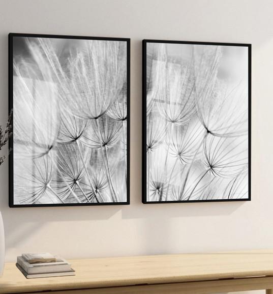 Quadros Decorativos Dente de Leão Preto Branco Moldura Vidro