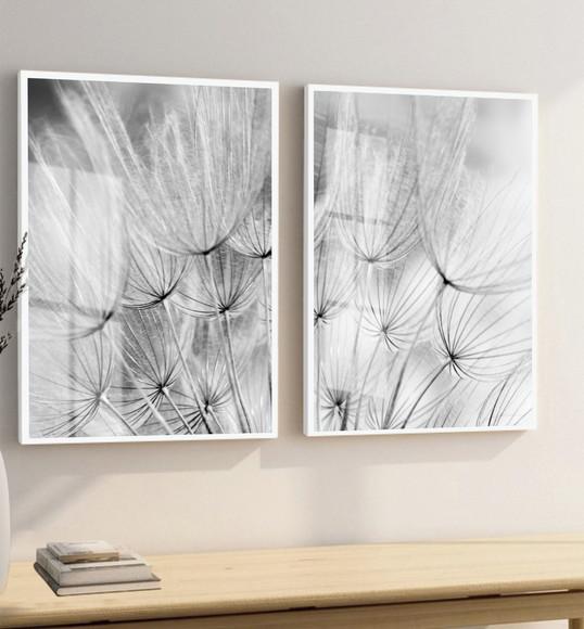Quadros Decorativos Dente de Leão Preto Branco Moldura Vidro