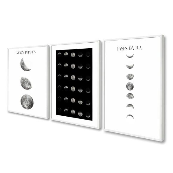 Quadros Decorativos Fases da Lua Preto e Branco com Moldura