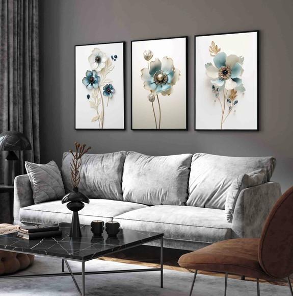 Quadros Decorativos Flor Azul Luxo Moderno Hall com Moldura