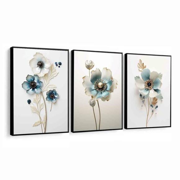 Quadros Decorativos Flor Azul Luxo Moderno Hall com Moldura