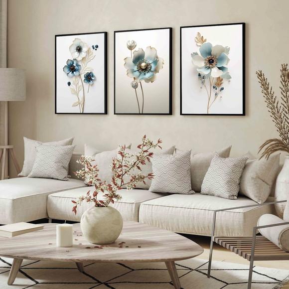 Quadros Decorativos Flor Azul Luxo Moderno Hall com Moldura