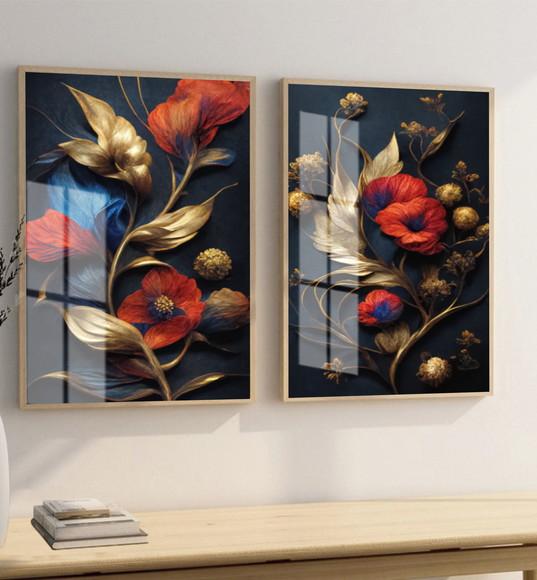 Quadros Decorativos Flor Dourada Vermelha Com Moldura Vidro