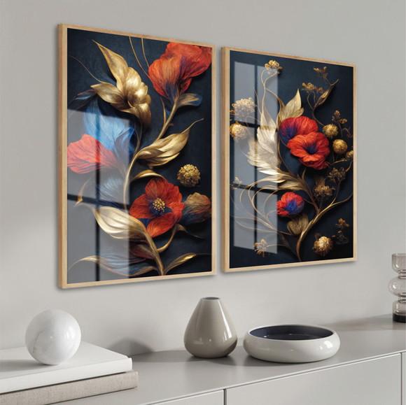 Quadros Decorativos Flor Dourada Vermelha Com Moldura Vidro