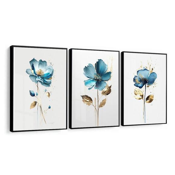 Quadros Decorativos Flores Azul Quarto Sala Moldura e Vidro