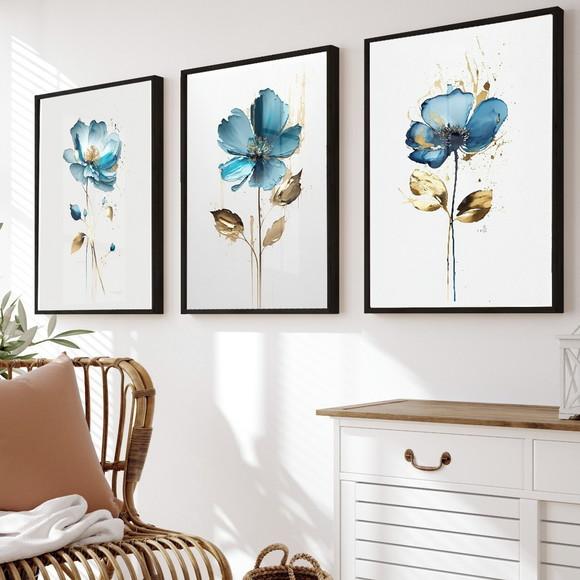Quadros Decorativos Flores Azul Quarto Sala Moldura e Vidro