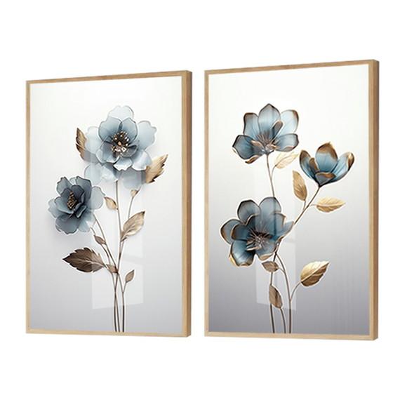 Quadros Decorativos Flores Azul Sala Luxo Moldura e Vidro