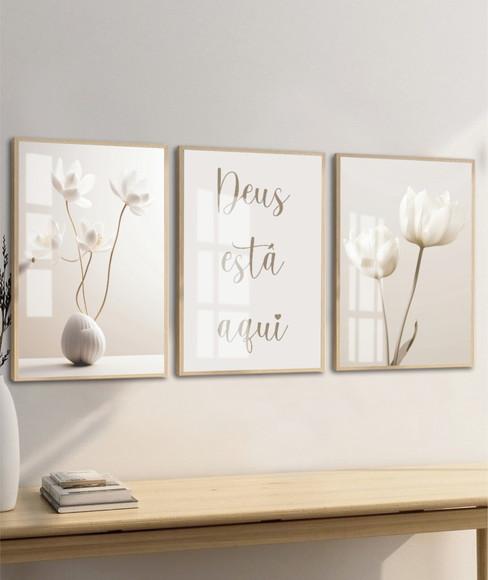 Quadros Decorativos Flores Bege Boho Deus Está Aqui Vidro
