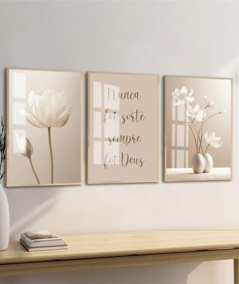 Quadros Decorativos Flores Bege Boho Frase Moldura e Vidro