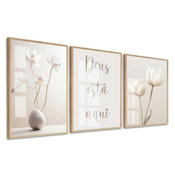 Quadros Decorativos Flores Bege Boho Deus Está Aqui Vidro