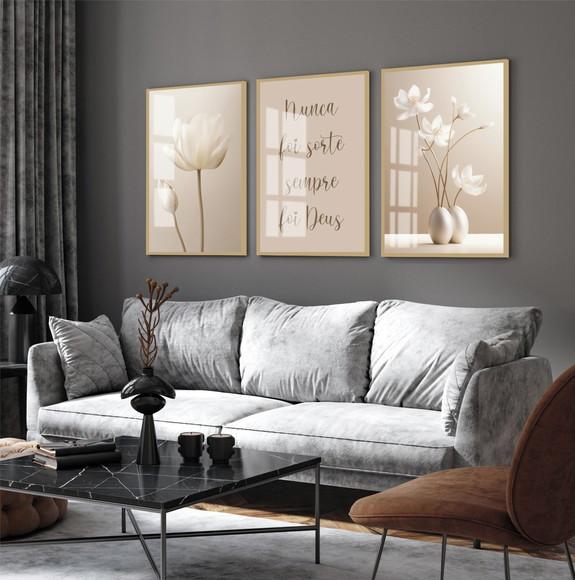 Quadros Decorativos Flores Bege Boho Frase Moldura e Vidro