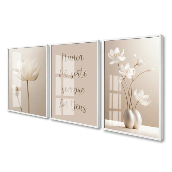 Quadros Decorativos Flores Bege Boho Frases Luxo com Vidro