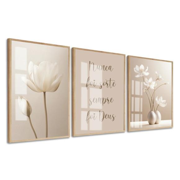 Quadros Decorativos Flores Bege Boho Frase Moldura e Vidro