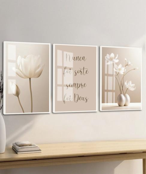 Quadros Decorativos Flores Bege Boho Frases Luxo com Vidro