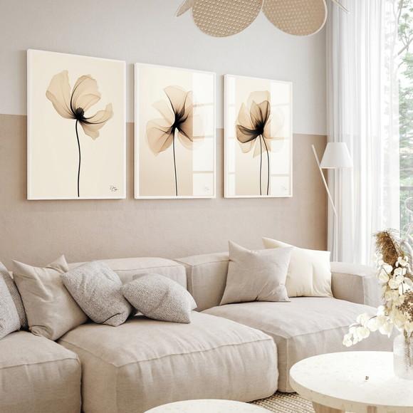 Quadros Decorativos Flores Bege Moderna Hall Luxo com Vidro