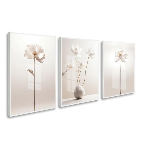 Quadros Decorativos Flores Bege Moderna com Moldura e Vidro