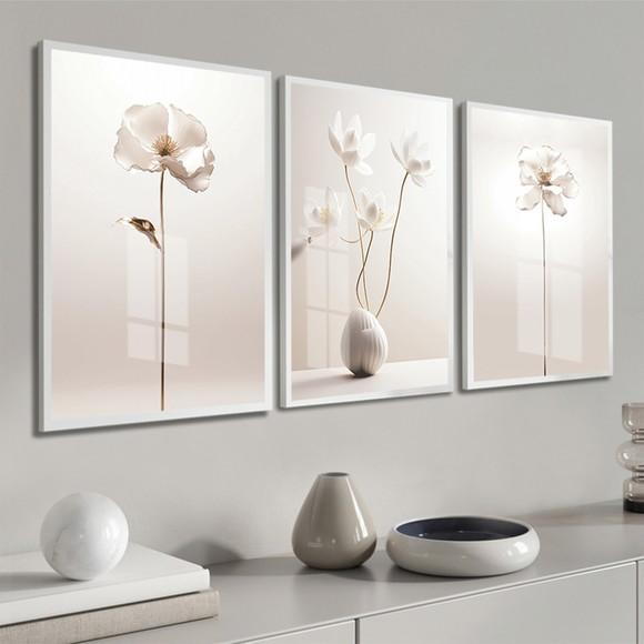 Quadros Decorativos Flores Bege Moderna com Moldura e Vidro