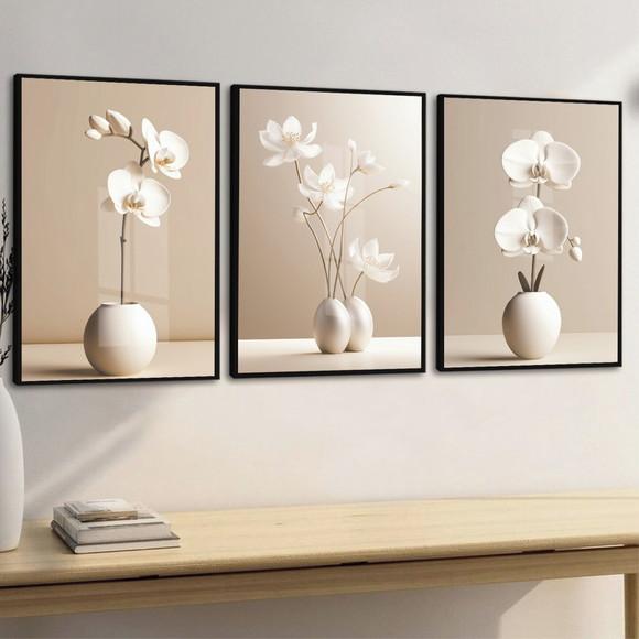 Quadros Decorativos Flores Bege Modernas com Moldura e Vidro