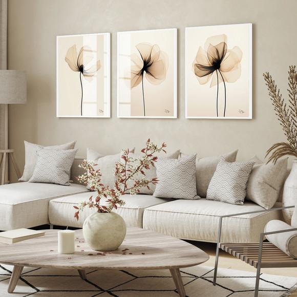 Quadros Decorativos Flores Bege Moderna Hall Luxo com Vidro