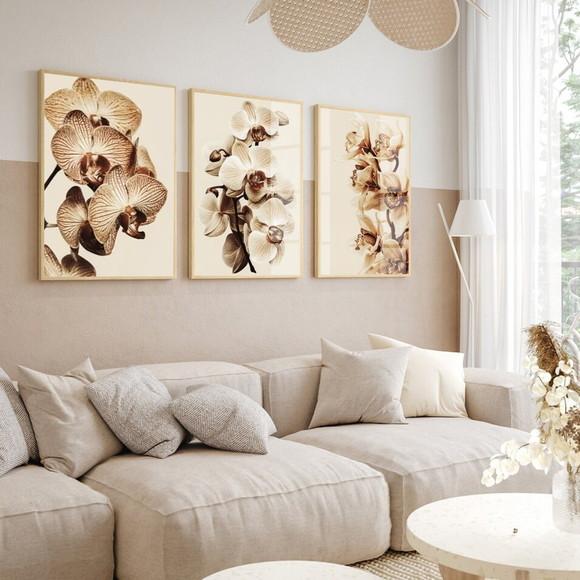 Quadros Decorativos Flores Bege Orquídea com Moldura e Vidro
