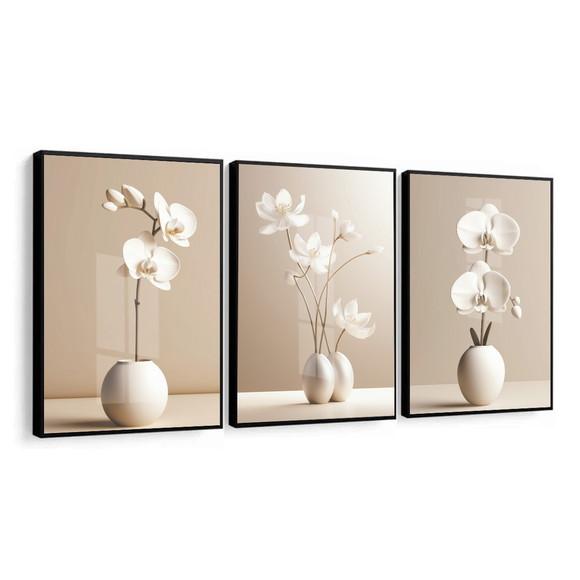 Quadros Decorativos Flores Bege Modernas com Moldura e Vidro