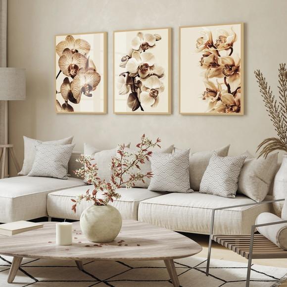 Quadros Decorativos Flores Bege Orquídea com Moldura e Vidro