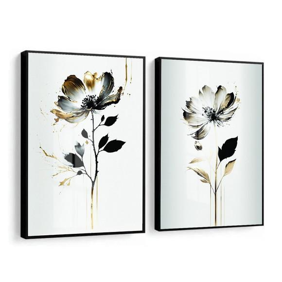 Quadros Decorativos Flores Branca e Dourada Moldura e Vidro