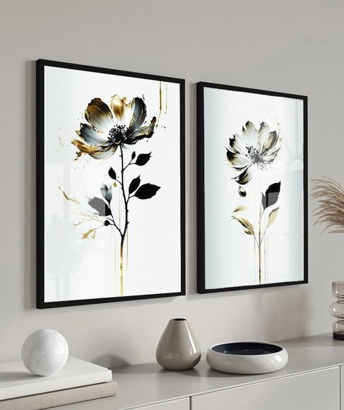 Quadros Decorativos Flores Branca e Dourada Moldura e Vidro