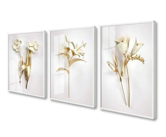 Quadros Decorativos Flores Brancas Douradas Moldura e Vidro