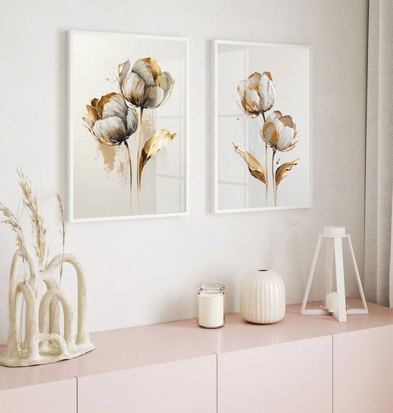 Quadros Decorativos Flores Brancas Douradas Vidro e Moldura