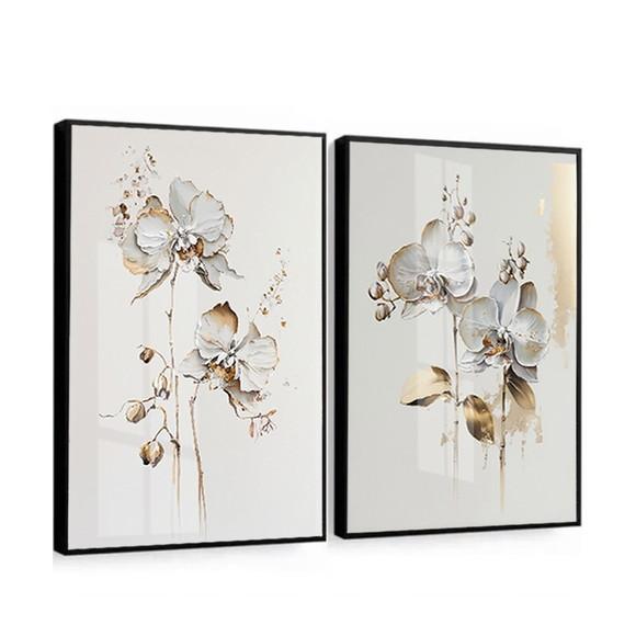 Quadros Decorativos Flores Brancas e Douradas Moldura Vidro