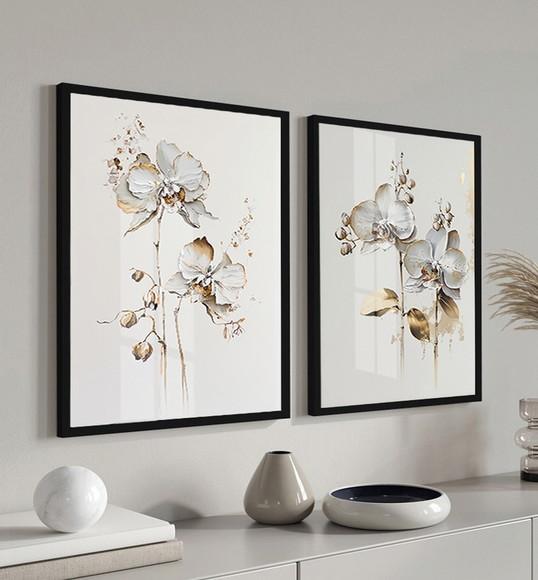 Quadros Decorativos Flores Brancas e Douradas Moldura Vidro