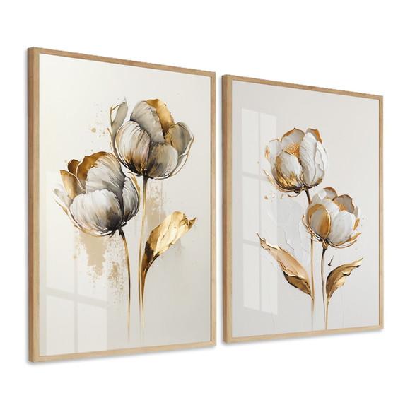 Quadros Decorativos Flores Brancas e Douradas Moldura Vidro