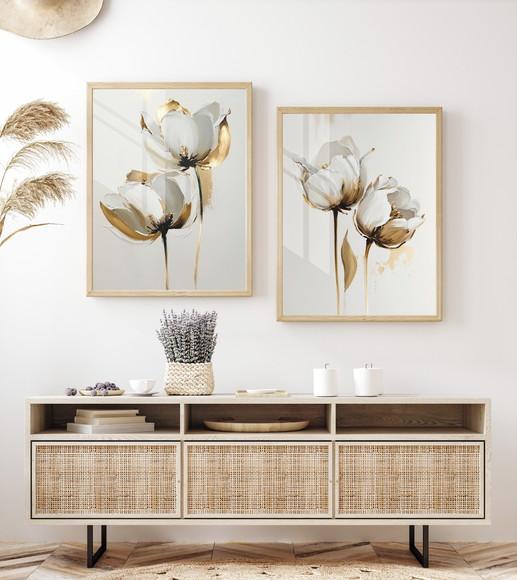Quadros Decorativos Flores Brancas e Douradas Vidro Moldura
