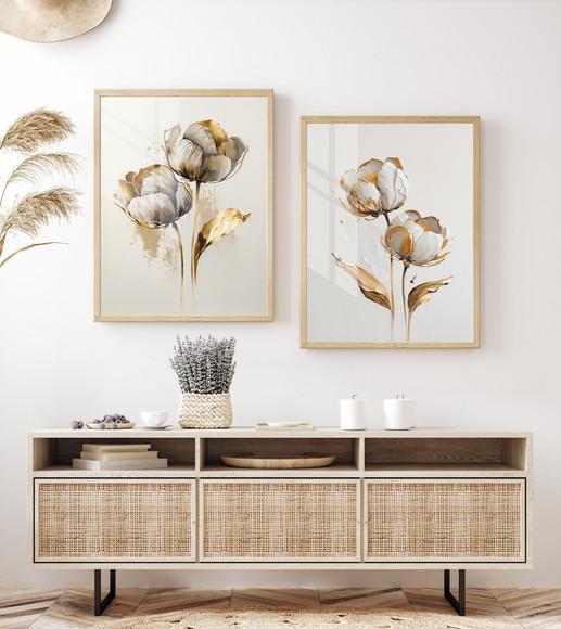 Quadros Decorativos Flores Brancas e Douradas Moldura Vidro