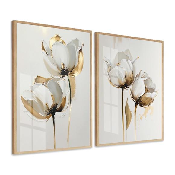 Quadros Decorativos Flores Brancas e Douradas Vidro Moldura