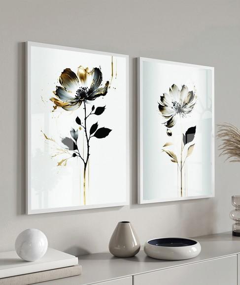 Quadros Decorativos Flores Brancas e Gold Moldura e Vidro