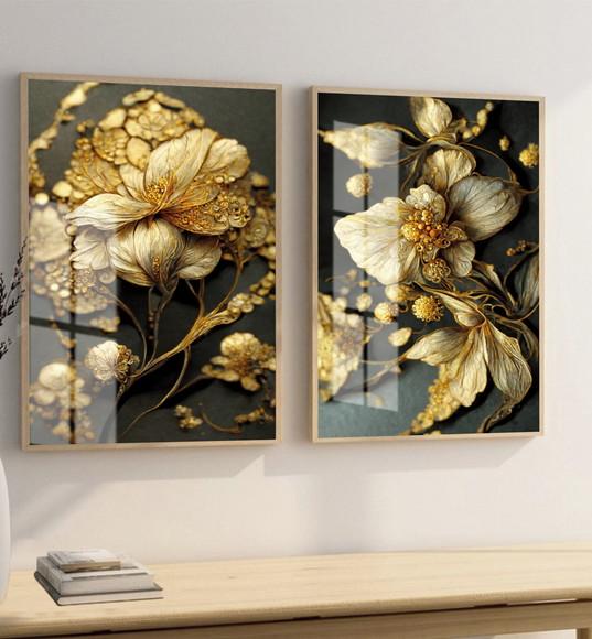 Quadros Decorativos Flores Douradas Gold Com Moldura E Vidro