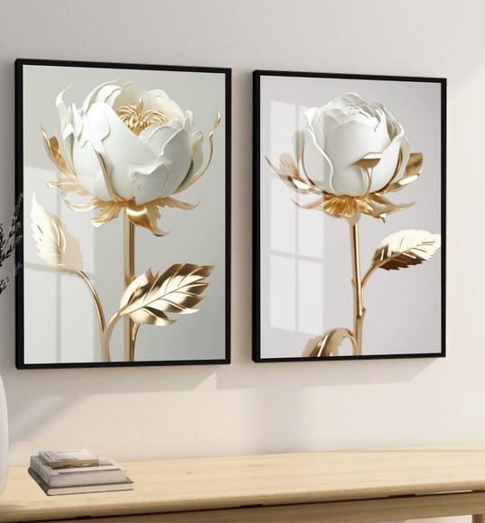 Quadros Decorativos Flores Douradas e Brancas Moldura Vidro