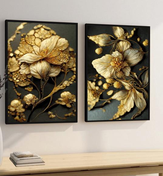 Quadros Decorativos Flores Douradas Para Sala Com Moldura
