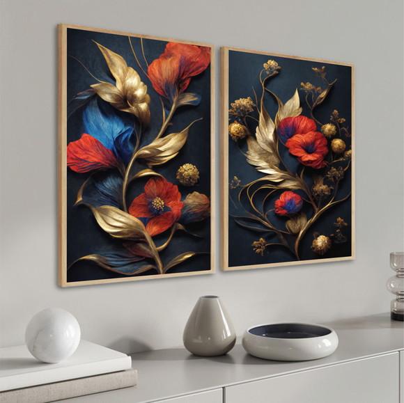 Quadros Decorativos Flores Douradas Vermelhas Com Moldura