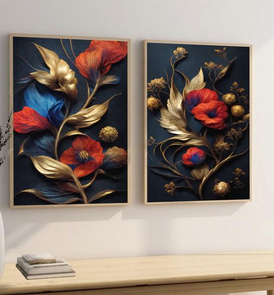 Quadros Decorativos Flores Douradas Vermelhas Com Moldura