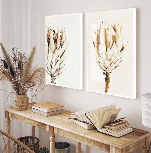 Quadros Decorativos Flores Folhagem Bege Com Moldura E Vidro